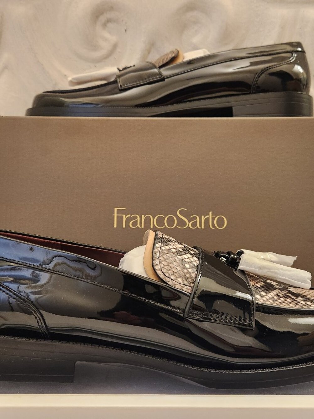 Franco Sarto Lucia Women's Loafers. Patent Black/Snakeskin. NIB. Size 11